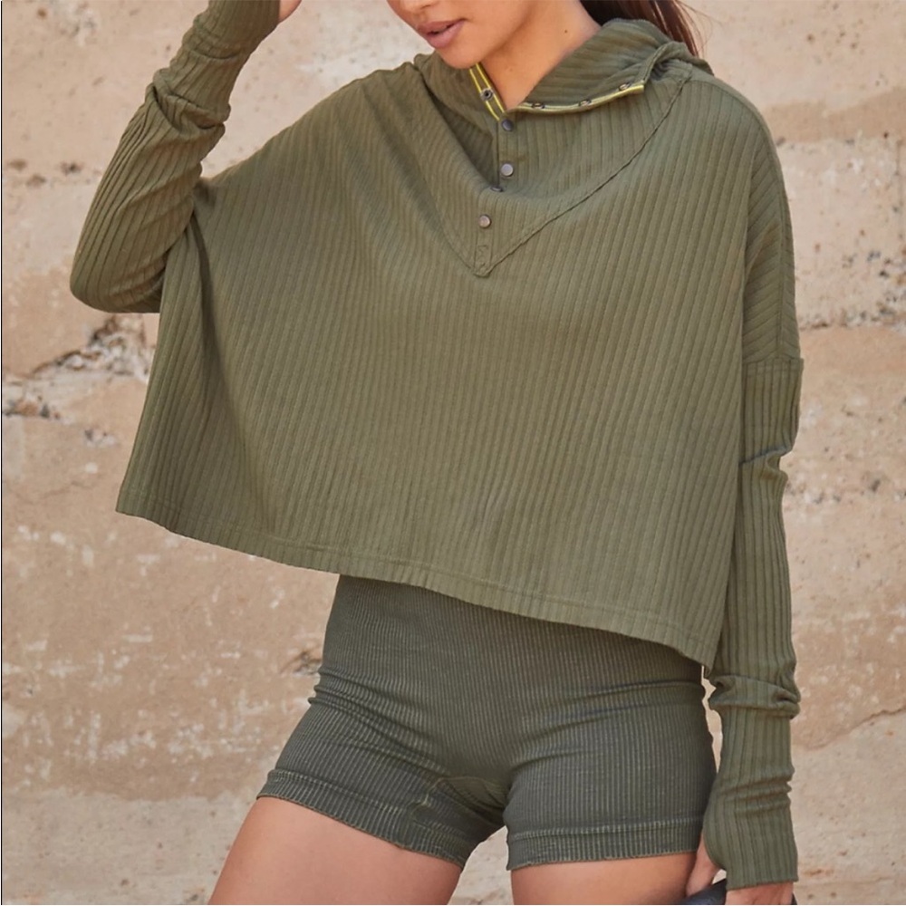 Free People Movement Blissed Out Rib Cropped Henley Hoodie Olive Green